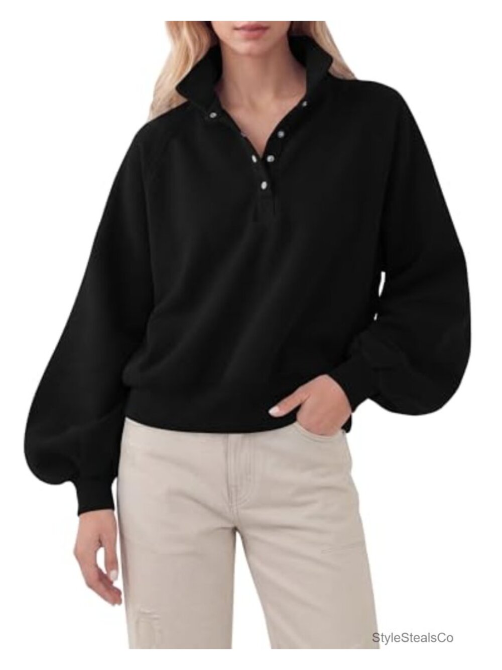 Oversized Cotton Blend Henley Neck Sweatshirt Drop Shoulder Pullover